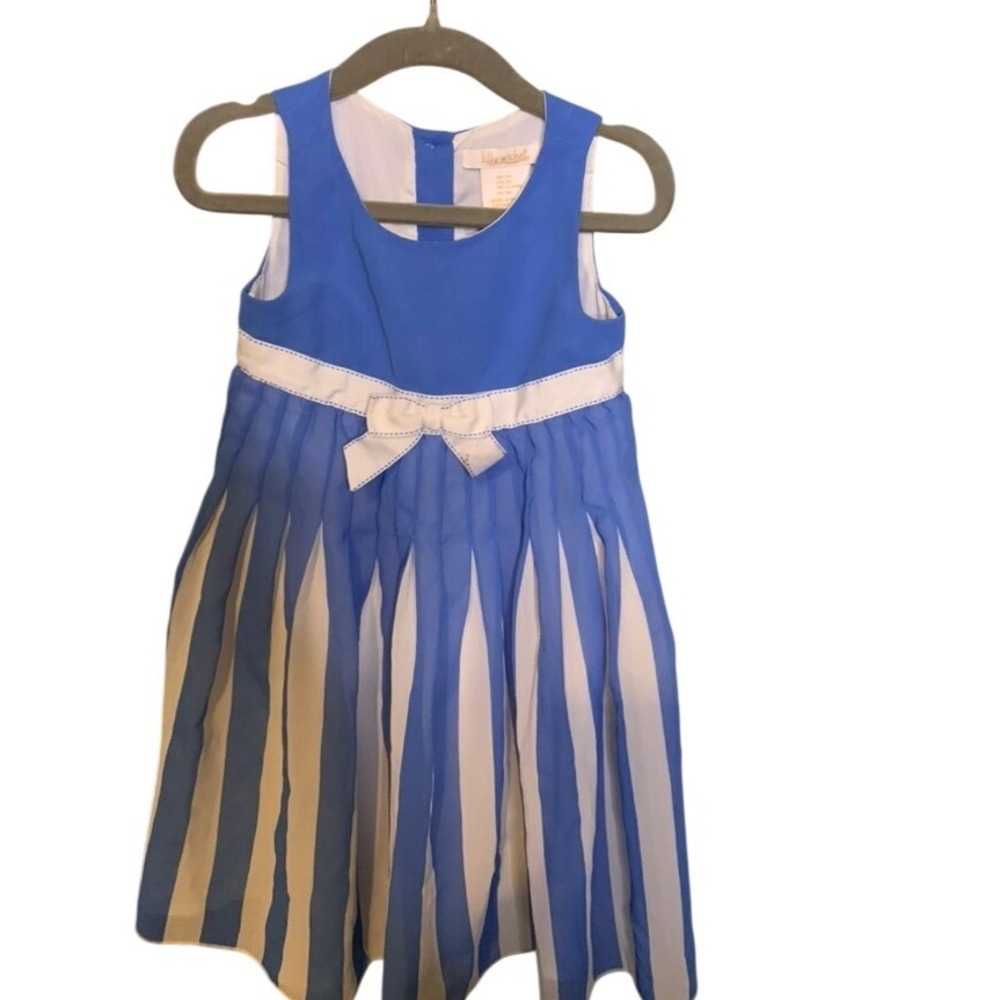 Lilly Wicket Girls Blue White Striped Pleated Bow Party Dress Size 3T
